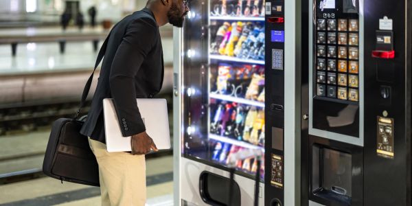 Man with laptop standing in front of vending machine.