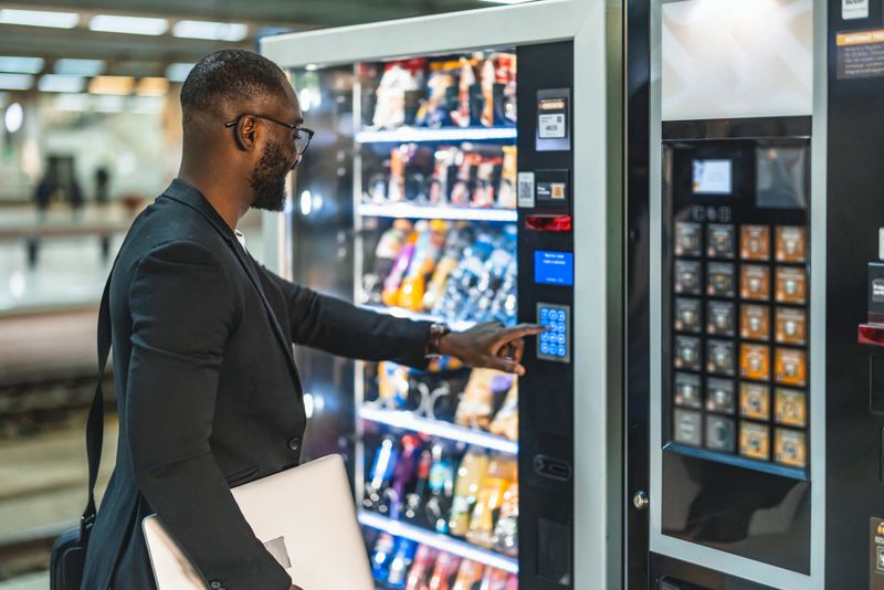Businessman is selecting a snack from a vending machine in a train station, holding his laptop under his arm, ready to enjoy a quick bite during his commute