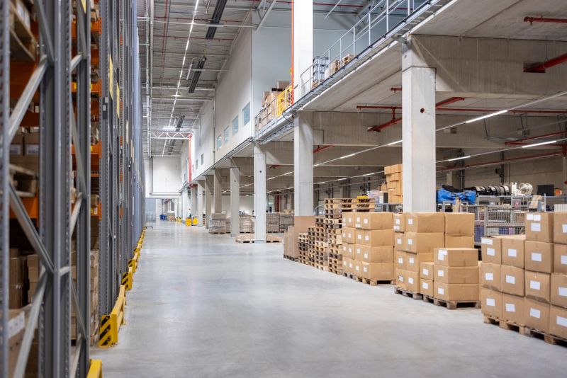 Stack of cardboard boxes and storage racks in a large warehouse. The interior of the big distribution warehouse emphasizes efficient storage solutions and organized logistics.