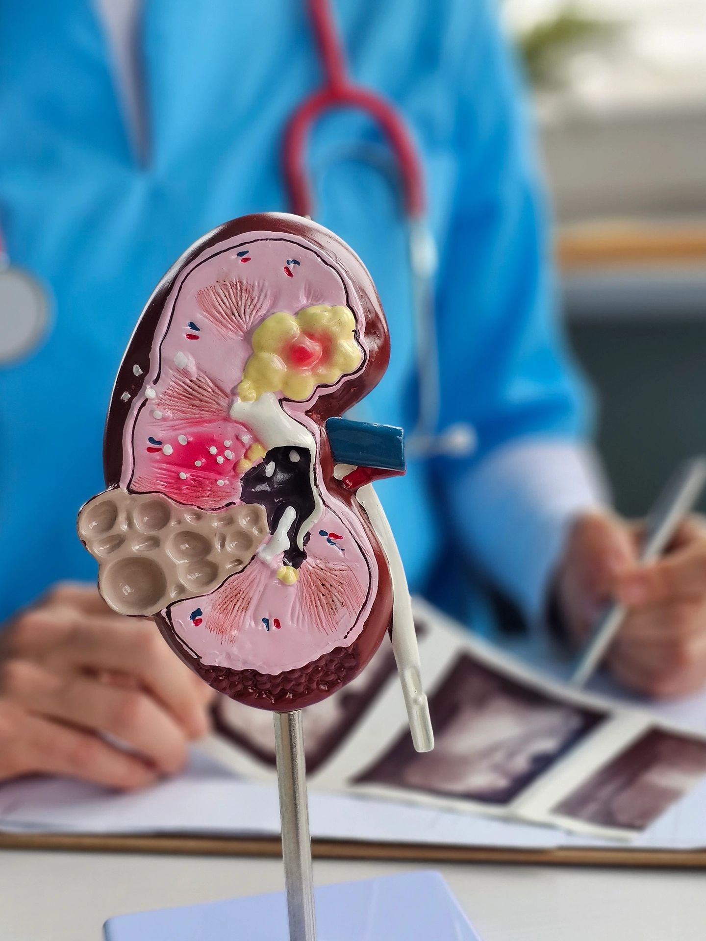 Medical model of a kidney with a doctor working in the background.