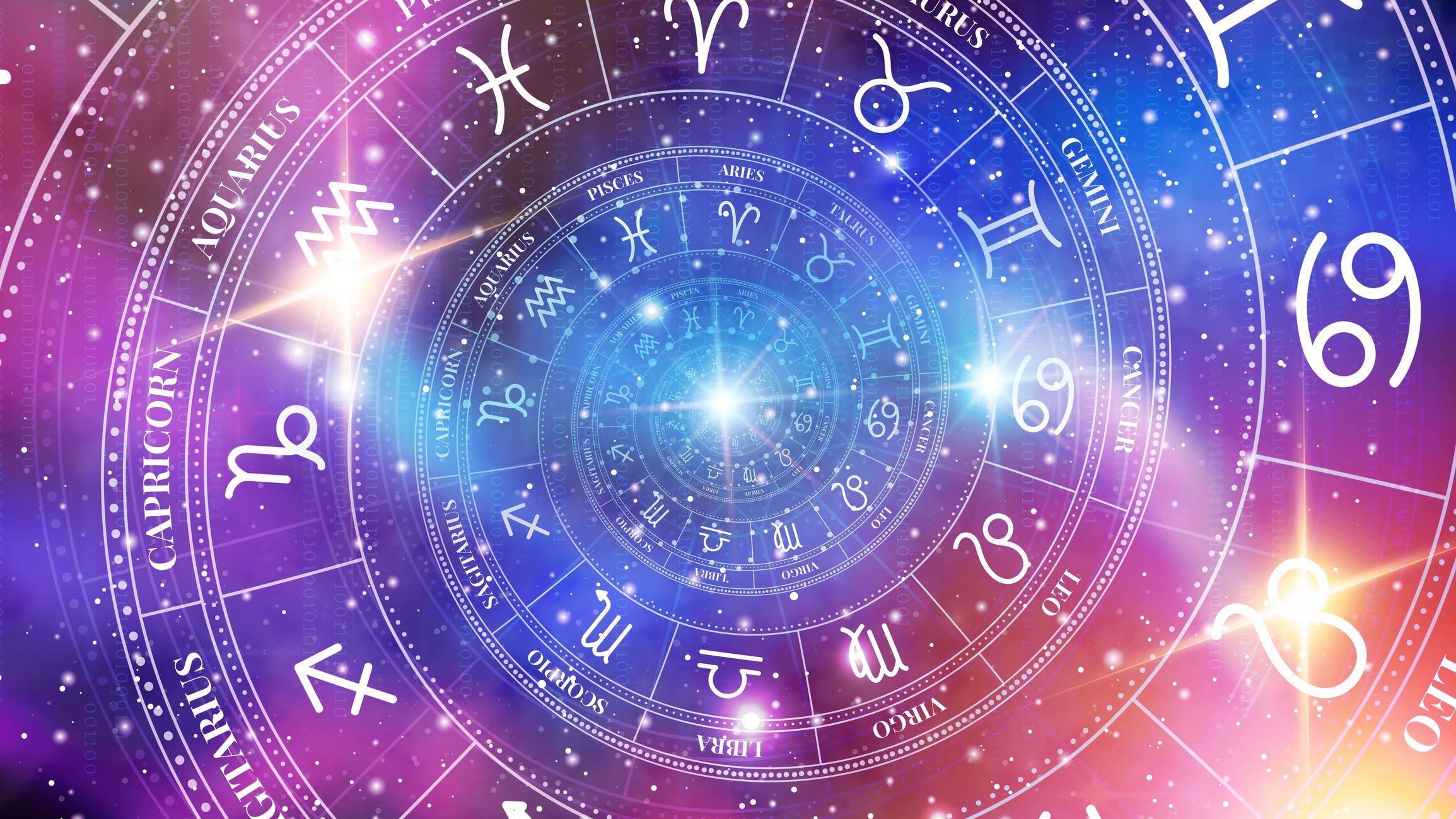 Spiral of zodiac signs with glowing effects.