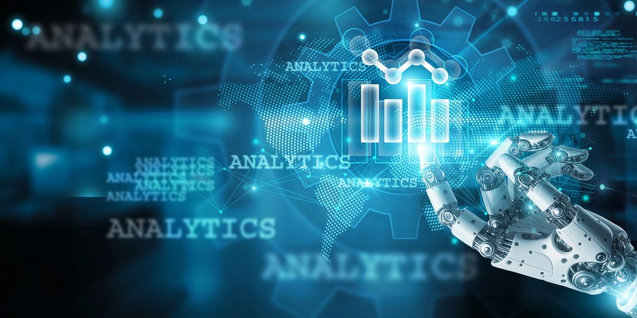 Robotic hand interacting with digital analytics data in a futuristic interface.