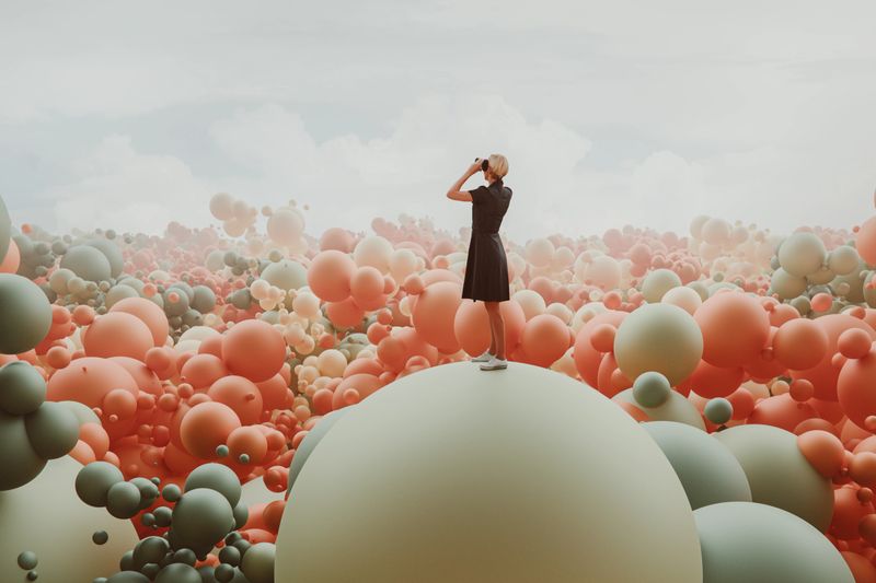 Young woman in VR environment. 3D generated image.