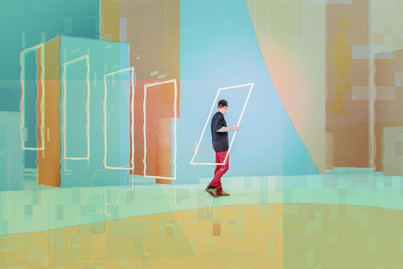 Man walking in abstract VR environment. 3D generated image.
