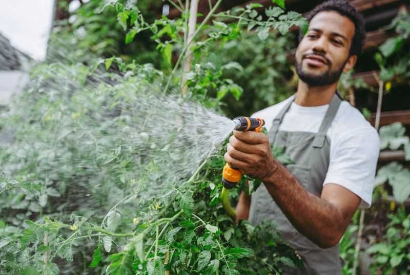 A man with mixed heritage tends to a lush garden, expertly watering plants using a hose, dressed in a casual apron in an outdoor setting.