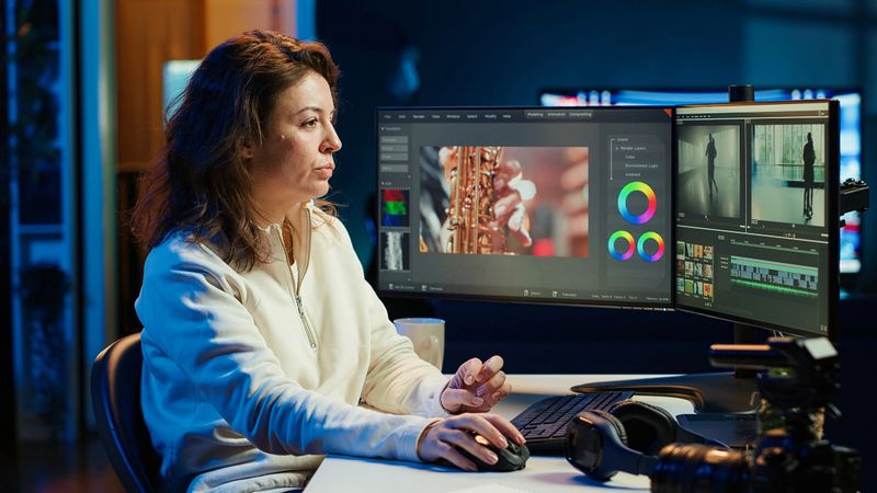 Portrait of happy video editor merging raw clips and footage into high quality finished videos in production studio. Videographer using specialized software application and editing tools, camera A