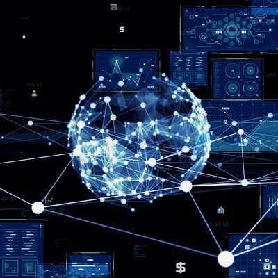 Digital network sphere connecting data points and analytics interfaces.
