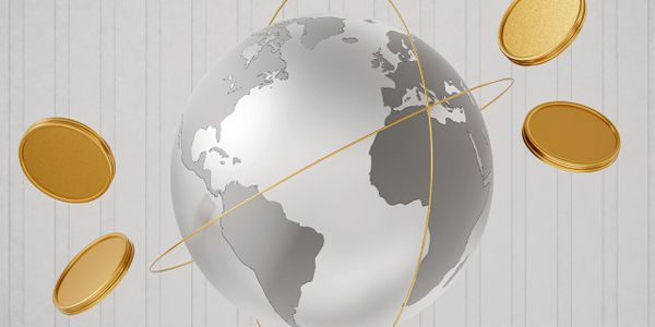 Silver globe with gold coins orbiting around it on a striped background.