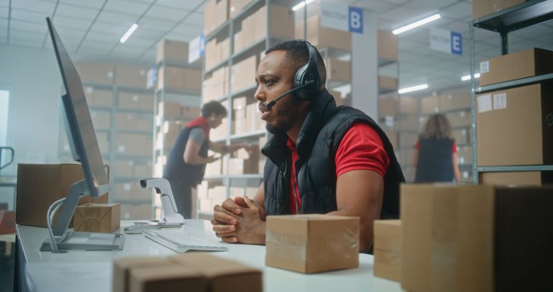African American customer support specialist in logistics talks on call using headset, uses computer, works in post office or online store storage. Sorting center workers checking cardboard boxes.