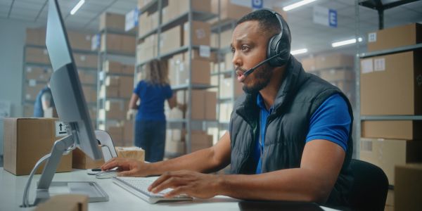 Man wearing headset working on computer in warehouse.