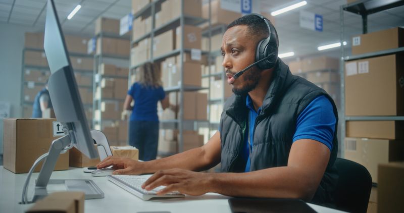 African American logistics coordinator wearing headset chats with customer on call, uses computer, works in post office or E-commerce store storage. Sorting center workers carrying cardboard boxes.