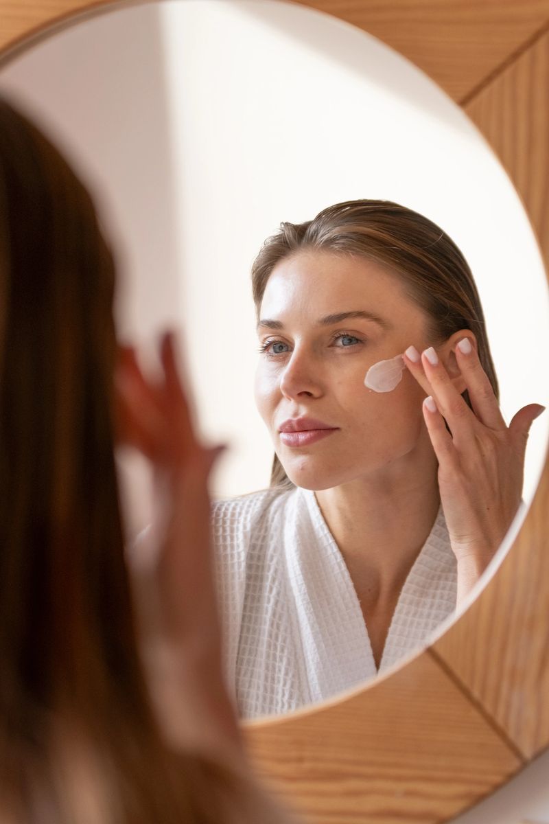 Portrait of young woman performing skin routine, uses mirror