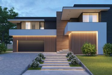 Modern two-story house with wooden and white exterior.