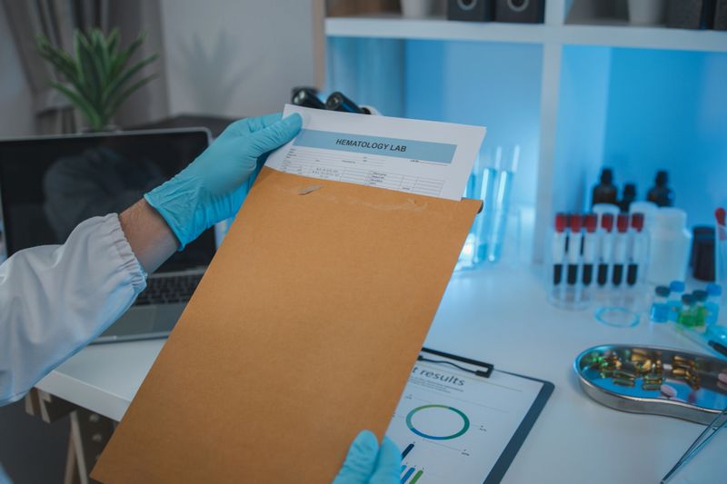 A scientist is reviewing lab results and documents receives from researchers involved in chemical testing, chemist is concentrating on reading test results document