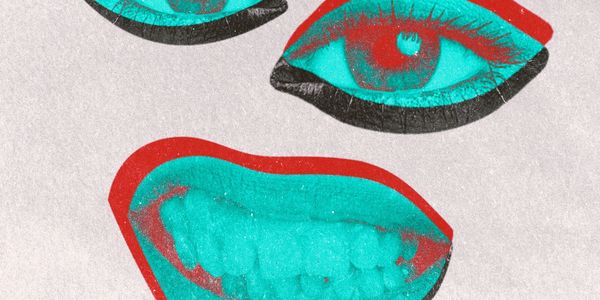 Abstract art with turquoise eyes and a smiling mouth outlined in red and black.