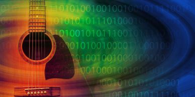 Acoustic guitar with binary code and colorful digital effects.