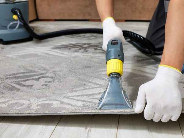 Person cleaning a carpet with a vacuum extractor.