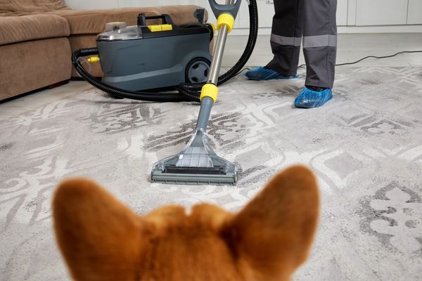 Professional cleaning carpet with vacuum cleaner while dog watches.