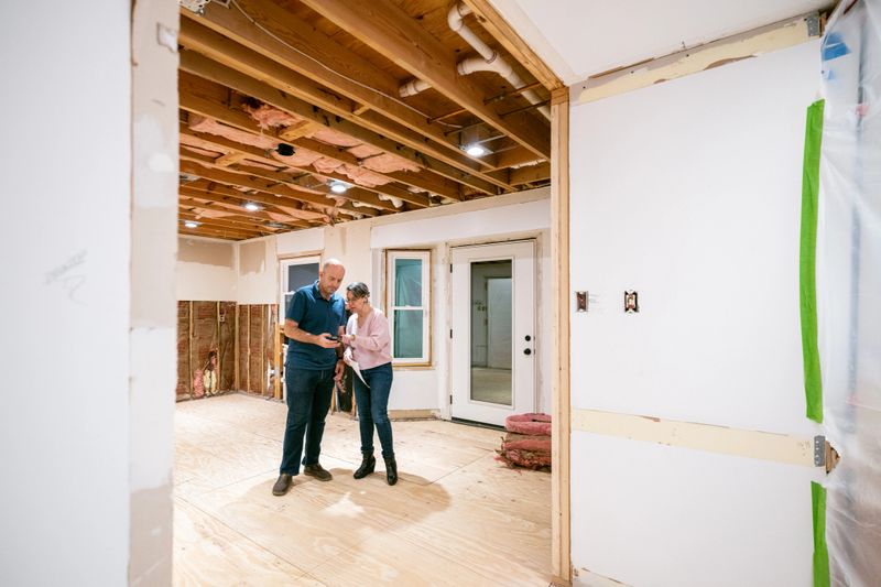 Mature couple supervising home renovation progress
