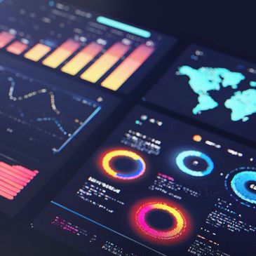 Digitale Datenvisualisierung mit Balken-, Liniendiagrammen und Karten.