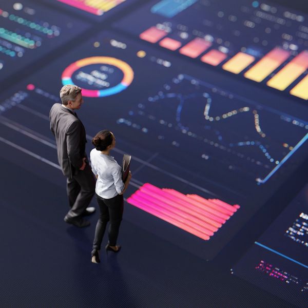 Two businesspeople analyzing digital data charts.