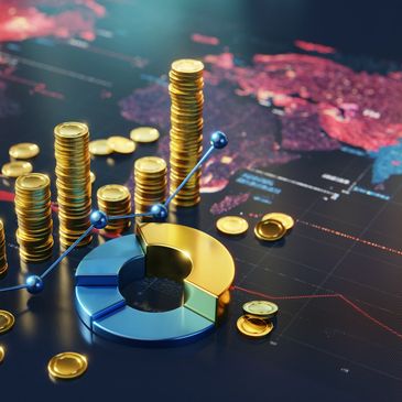 Gold coins, pie chart, and line graph on a digital map.