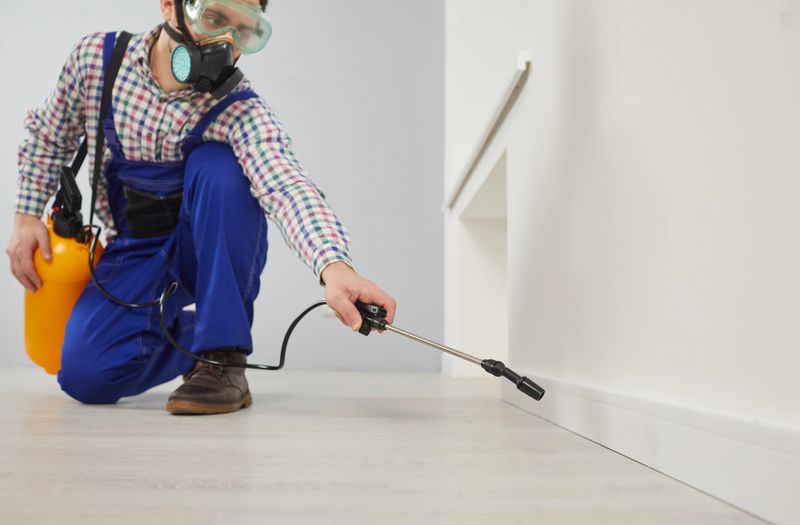 Worker of pest control service during sanitary treatment of house with insecticidal chemical sprays. Man in goggles and respirator sprays poison on floor of apartment from large spray bottle.