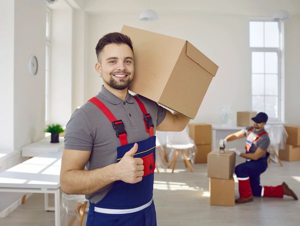 Ein Mann im Arbeitsoverall hält einen Karton auf der Schulter und zeigt den Daumen nach oben