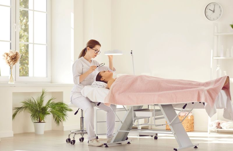 Qualified cosmetologist looking at patient's face under loupe and lamp magnifier. Licensed dermatologist or beautician examining lady's facial skin before doing professional cosmetic treatment