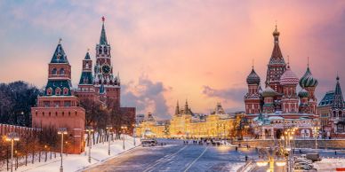 Moscow's Red Square at sunset with Saint Basil's Cathedral.