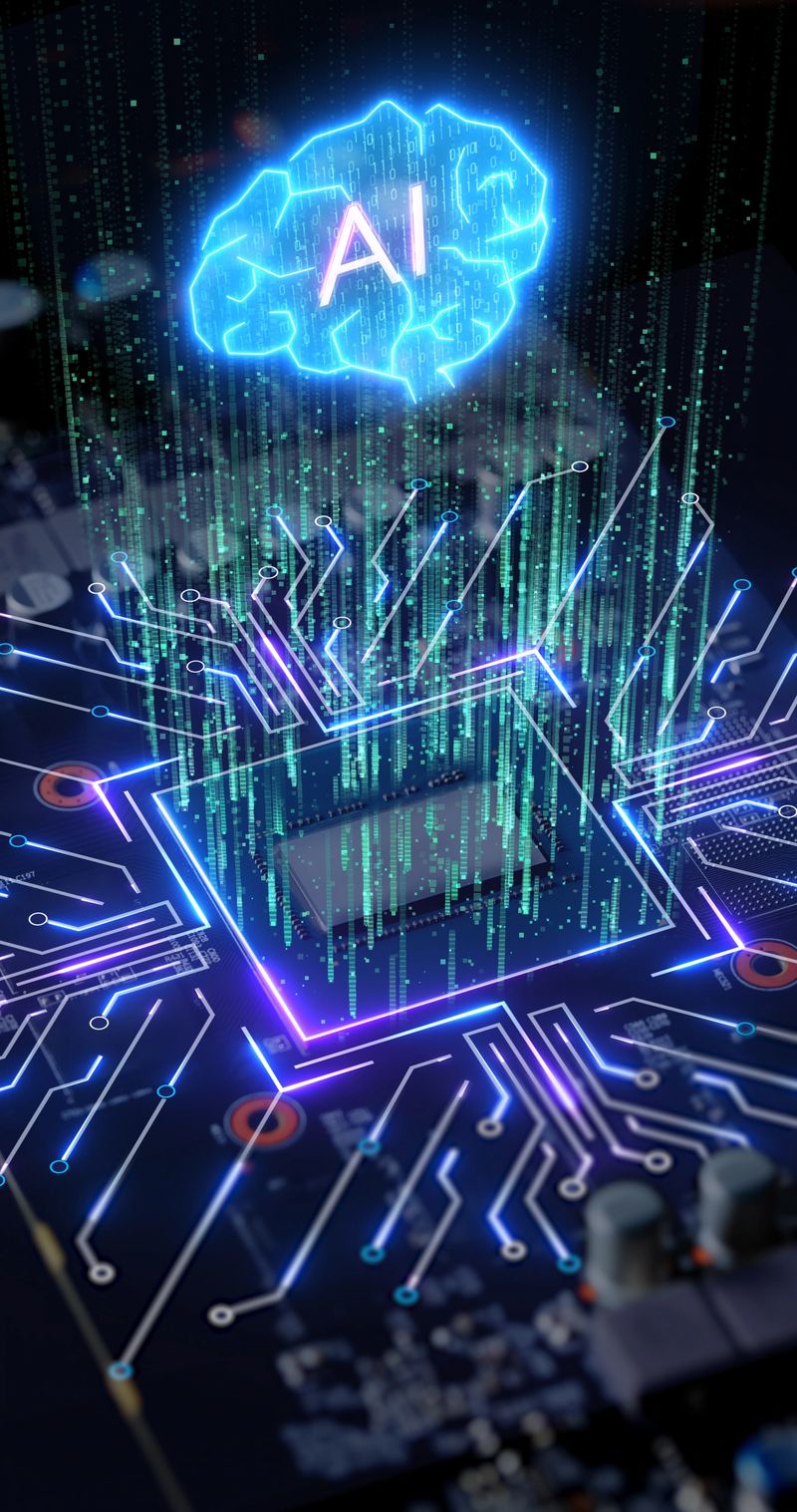 Brain Artificial Intelligence processor unit - Powerful Quantum AI component on PCB motherboard with data transfers