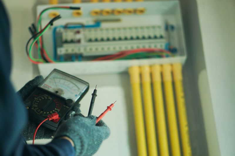 Close-up of electrician's hand using equipment to check electrical current inside the house for safe electrical installation.