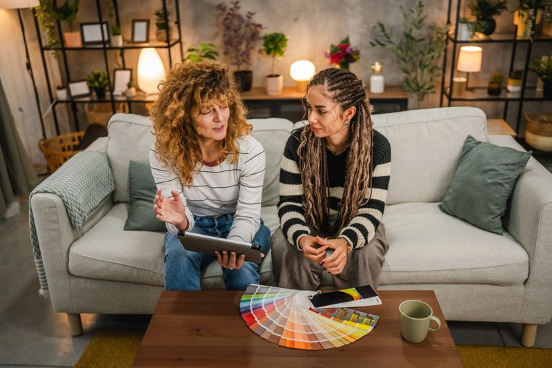 Two women sitting on a sofa reviewing a color palette and tablet, surrounded home decor, expressing creativity and collaboration in a cozy setting.
