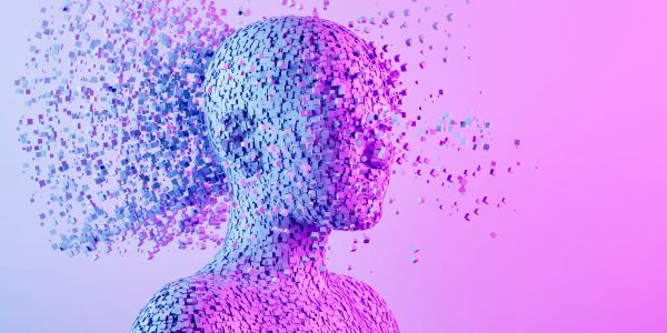 Fragmented digital human head dissolving into pixels.