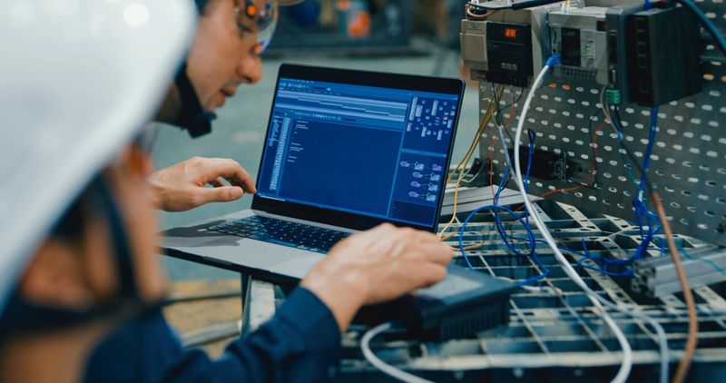 Two young engineer in factory programs robotic equipment using laptop, focusing on automation and precision technology. Robotic Industrial Factory Concept.