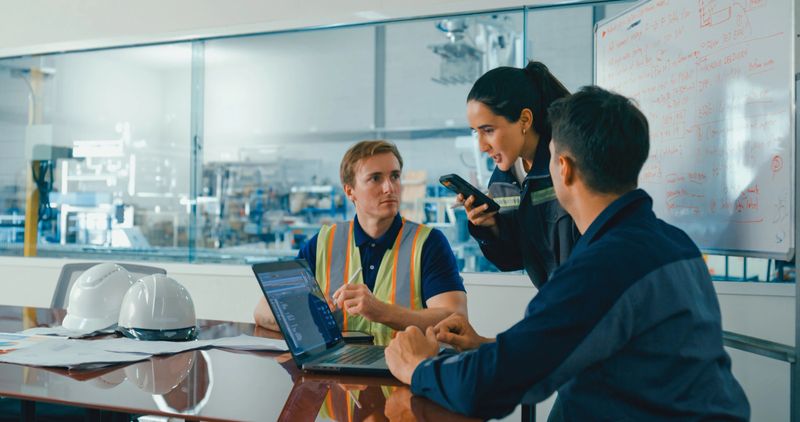 Team of engineers in factory meeting, using laptop and uses translate language app on smartphone to discuss project details and strategies. Robotic Industrial Factory Concept.