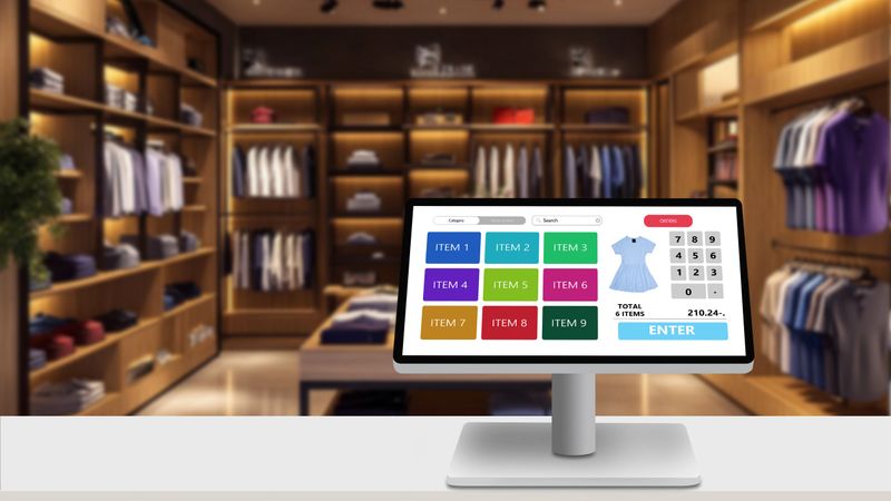 Modern touch screen cash register on white desk with blurred fashion store as background