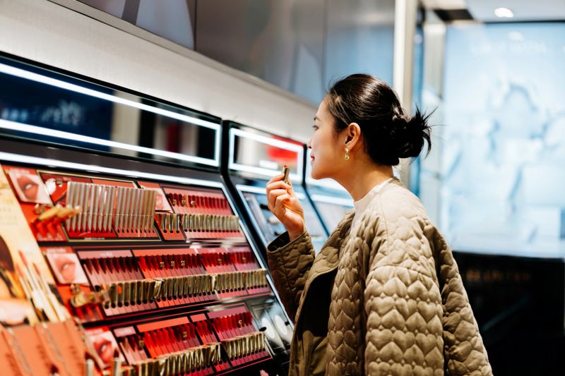 Asian beautiful woman choosing lipstick at cosmetic counter in the shop. Beauty and fashion. Retail and consumerism.