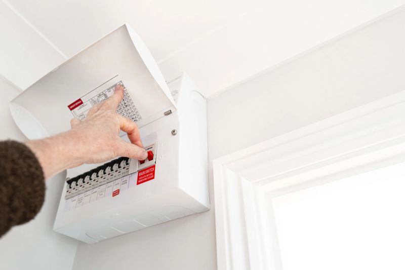 Electrician seen about to switch off the Main Switch for electricity into a typical house. Circuit breakers can be seen for various electrical areas with a typical house.