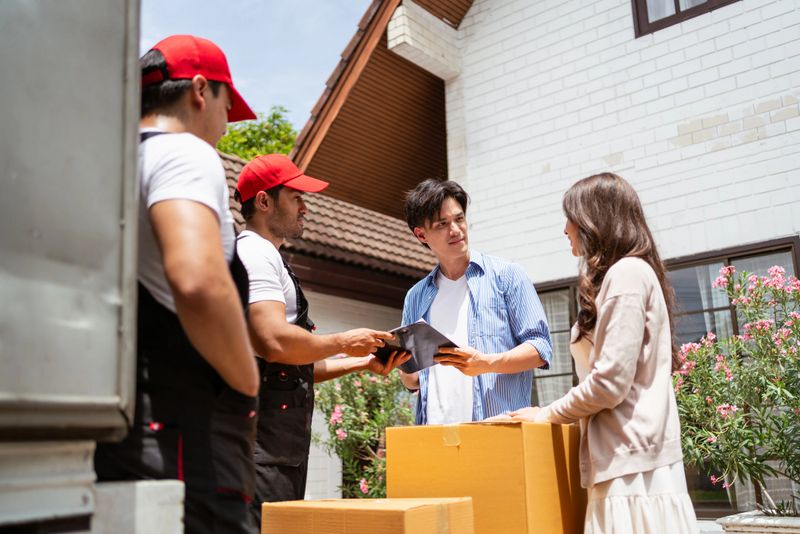 A couple signs the checklist of Asian and Caucasian workers in uniform unloading cardboard boxes from the truck. Delivery men unloading boxes to couple home. Professional delivery and moving service