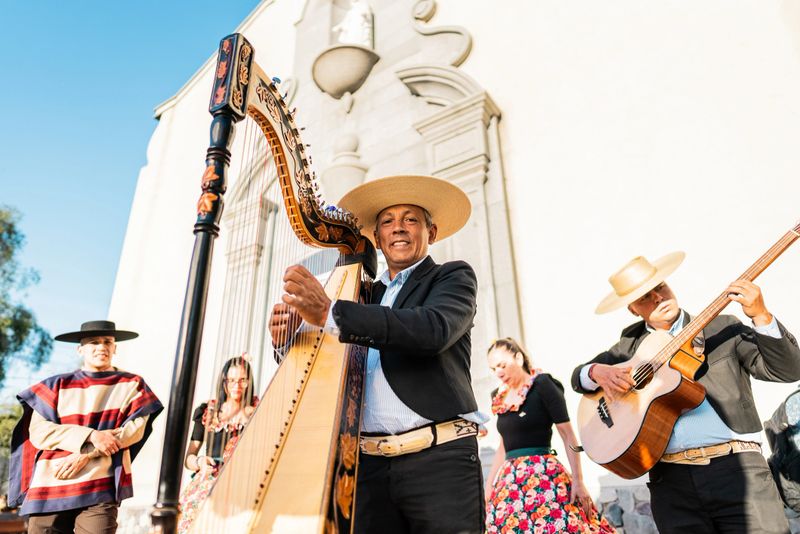 Portrait of a musician playing the harp at a folkloric cueca event in Santiago, Chile