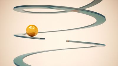 A yellow ball on a spiraling metallic track against a soft beige background.