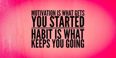 Motivational quote about starting with motivation and continuing with habit on a pink background.