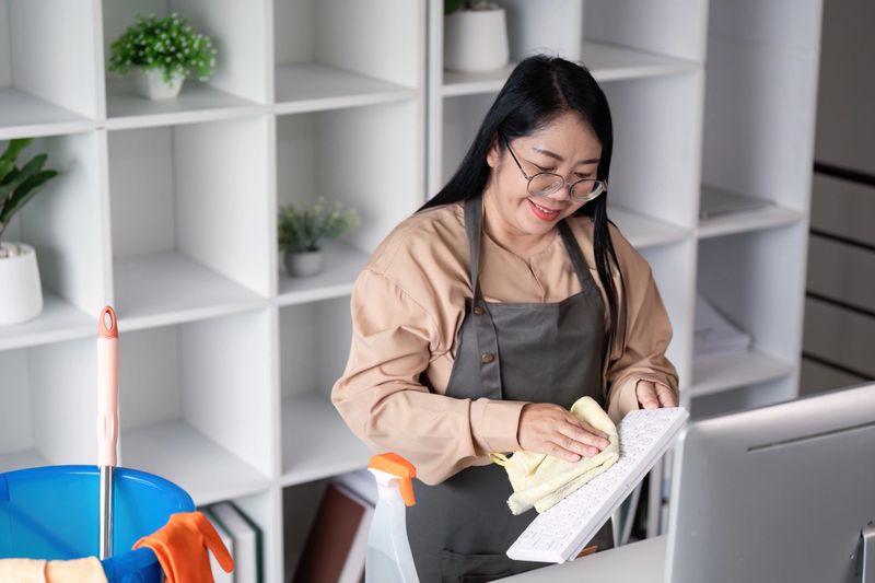 A dedicated maid meticulously cleans an office space highlighting the importance of professionalism and cleanliness in work environments.