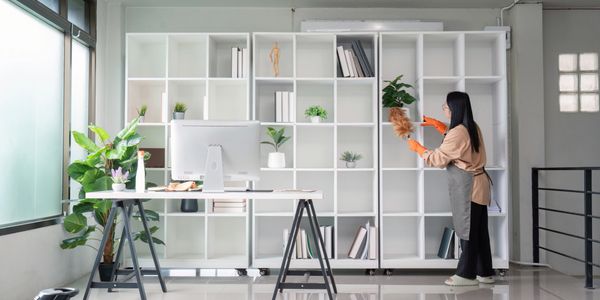 Woman cleaning an office with eco-friendly tools.