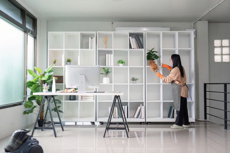 A dedicated maid organizes a stylish office showcasing the importance of cleanliness in a modern workspace.