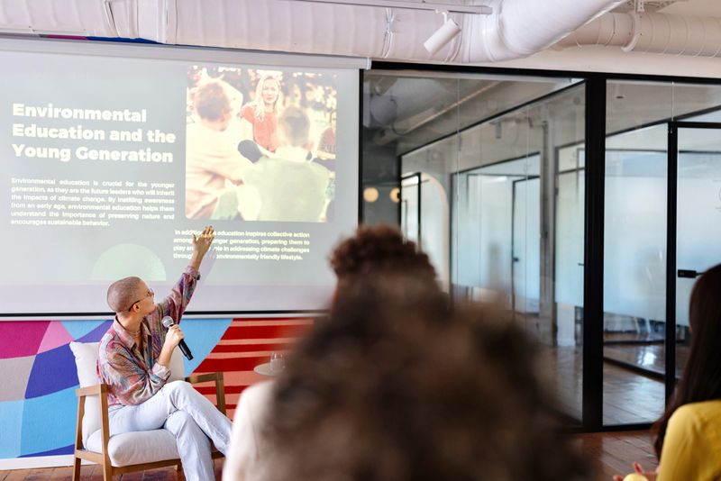 Modern woman talking on a  panel discussion in the modern office
