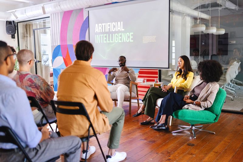 Colleagues talking about AI on a panel discussion