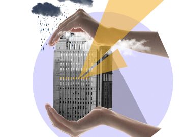 Hands framing a building with weather elements and geometric shapes.