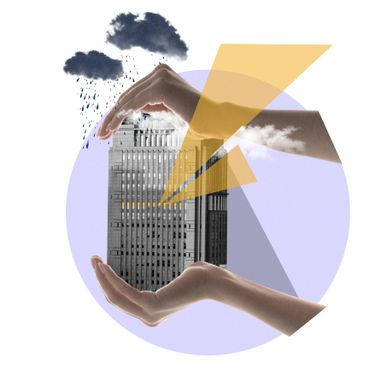 Hands protect a building from rain with artistic clouds and geometric shapes.